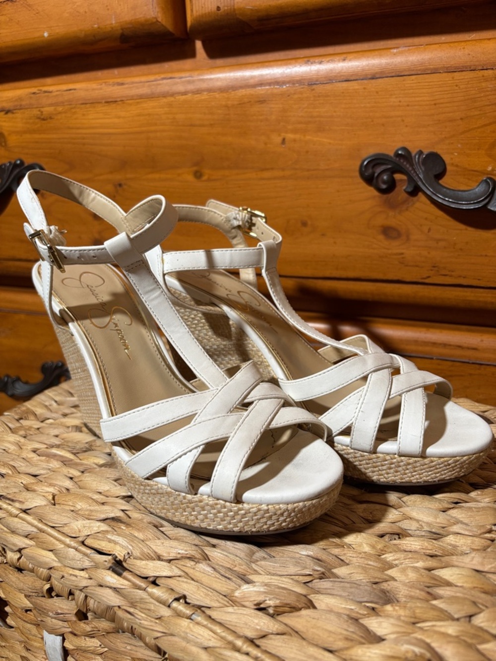 Jessica Simpson White Woven Espadrille Wedge Sandals